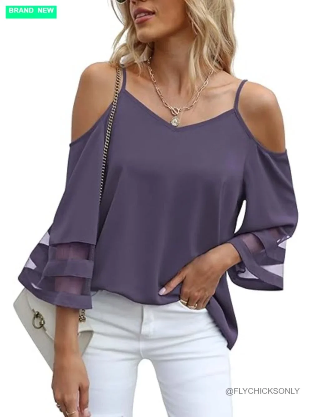Cold Shoulder Mesh Panel Bell Sleeve Top Blouse